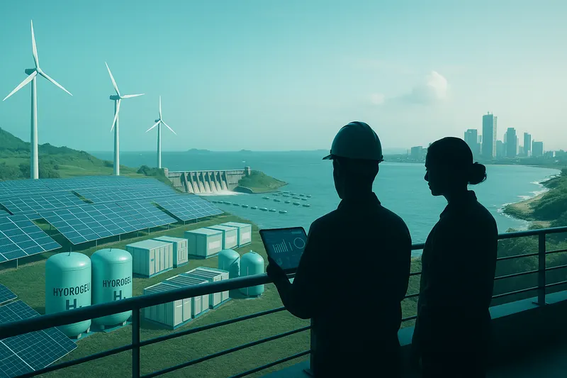 Engineers overlooking solar panels, wind turbines and hydrogen storage