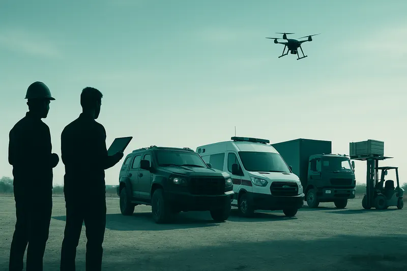 Engineers beside a fleet of special purpose vehicles and a drone