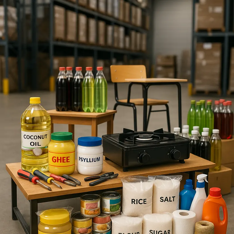 Warehouse display of cooking oil, ghee, rice, salt, canned food, tools and a school chair