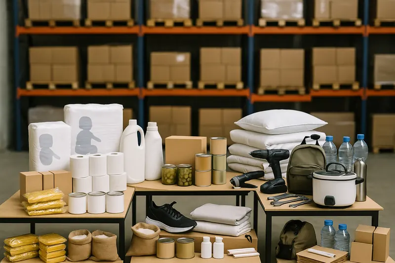 Warehouse tables stocked with hygiene products, bedding, tools, canned food and bottled water