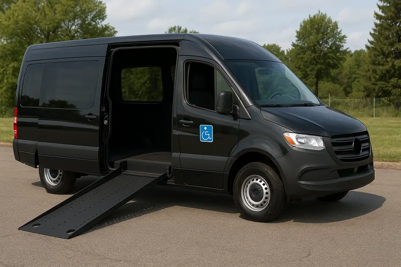Wheelchair-accessible van with side door open and ramp down