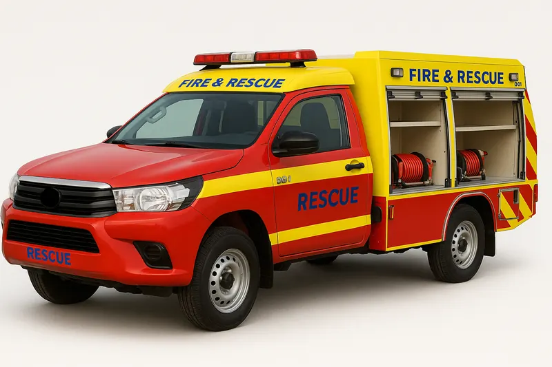 Red and yellow 4×4 fire and rescue pickup with equipment lockers