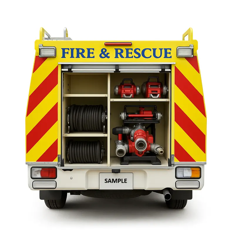4×4 fire and rescue truck from the rear, showing hose reels and pump