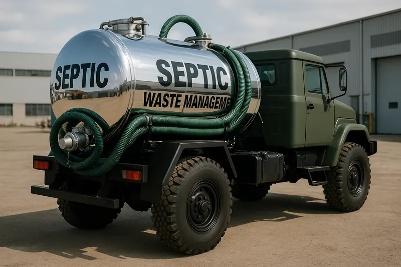 Septic tanker truck from the rear with suction hoses