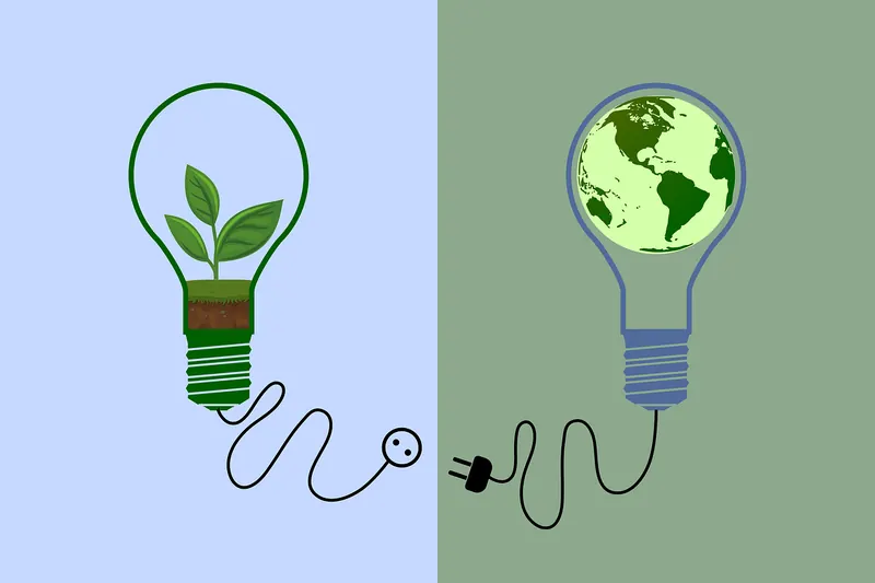 Illustration of a plant-filled light bulb plugged into a globe light bulb