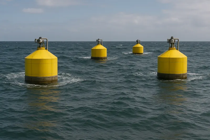 Yellow wave energy buoys floating at sea