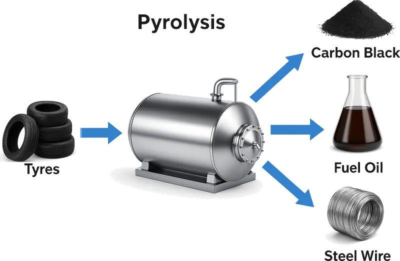 Diagram: tyres enter a pyrolysis reactor and come out as carbon black, fuel oil and steel wire